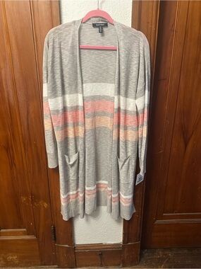 Ellen Tracy Heather Gray Open Cardigan with Pink & Peach Stripes